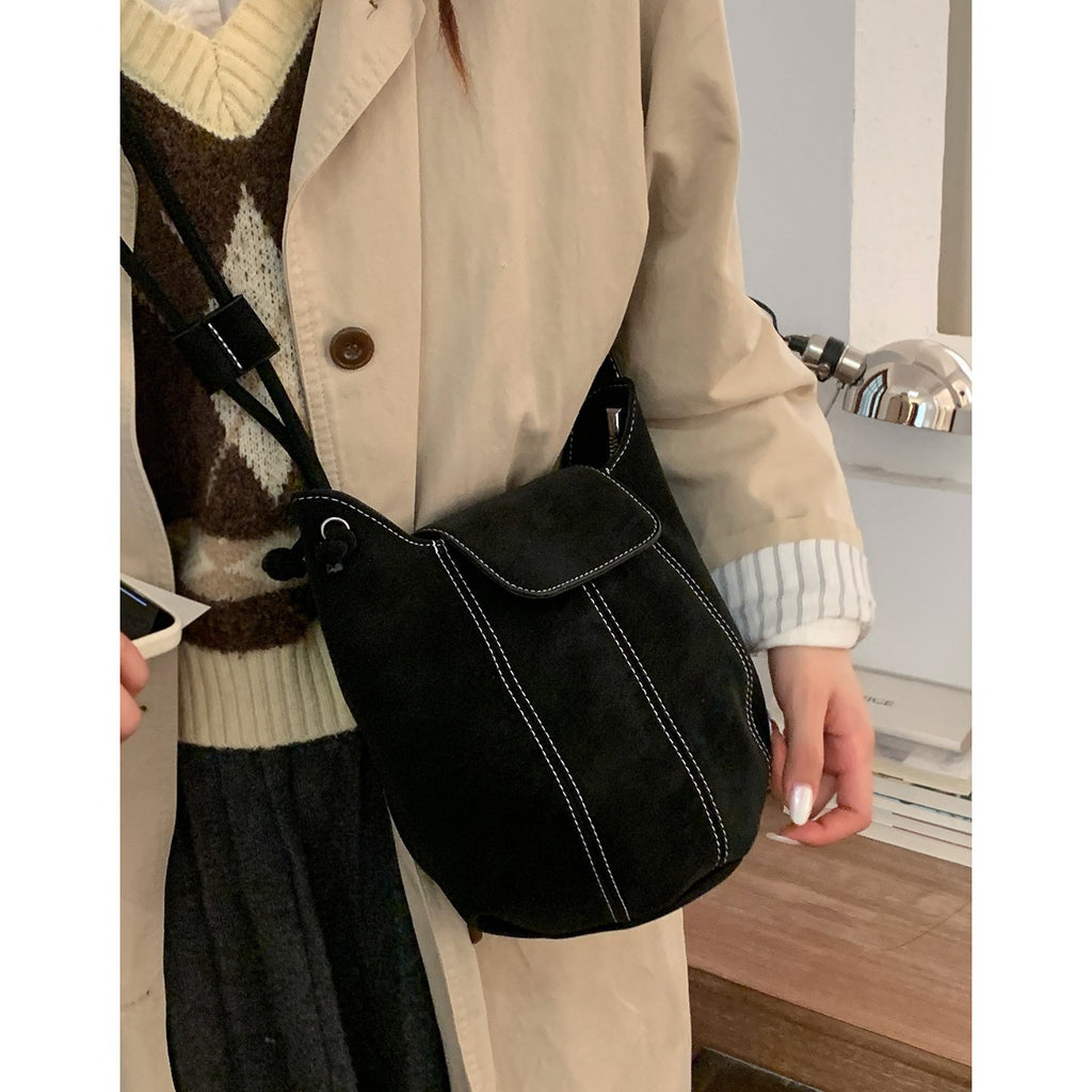 Topstitched Faux Suede Bucket Crossbody Bag - Black