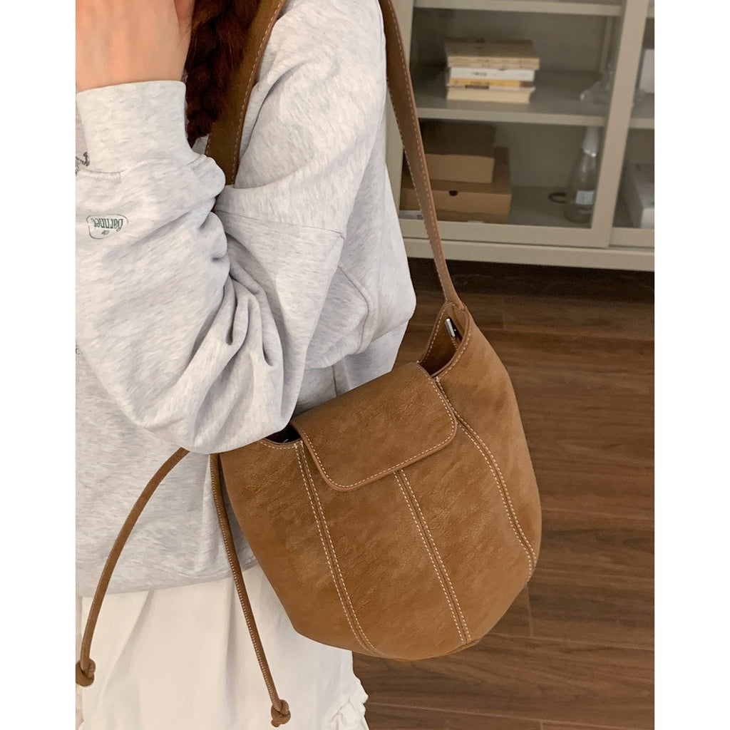 Topstitched Faux Suede Bucket Crossbody Bag
