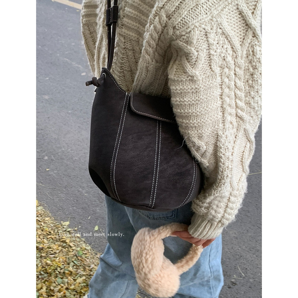 Topstitched Faux Suede Bucket Crossbody Bag