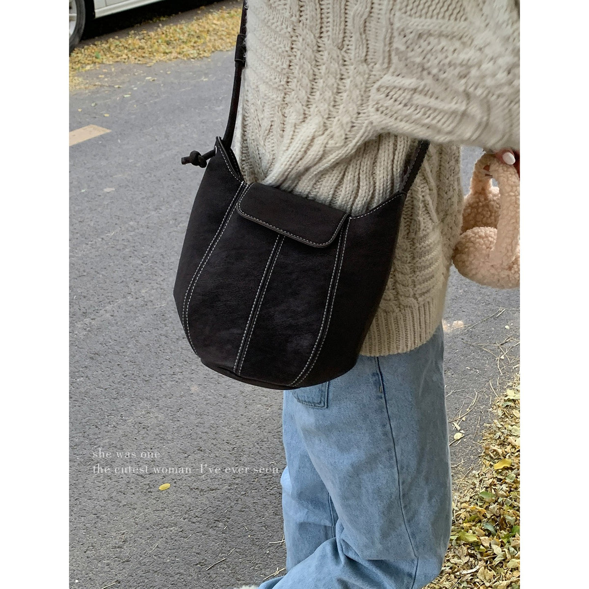 Topstitched Faux Suede Bucket Crossbody Bag