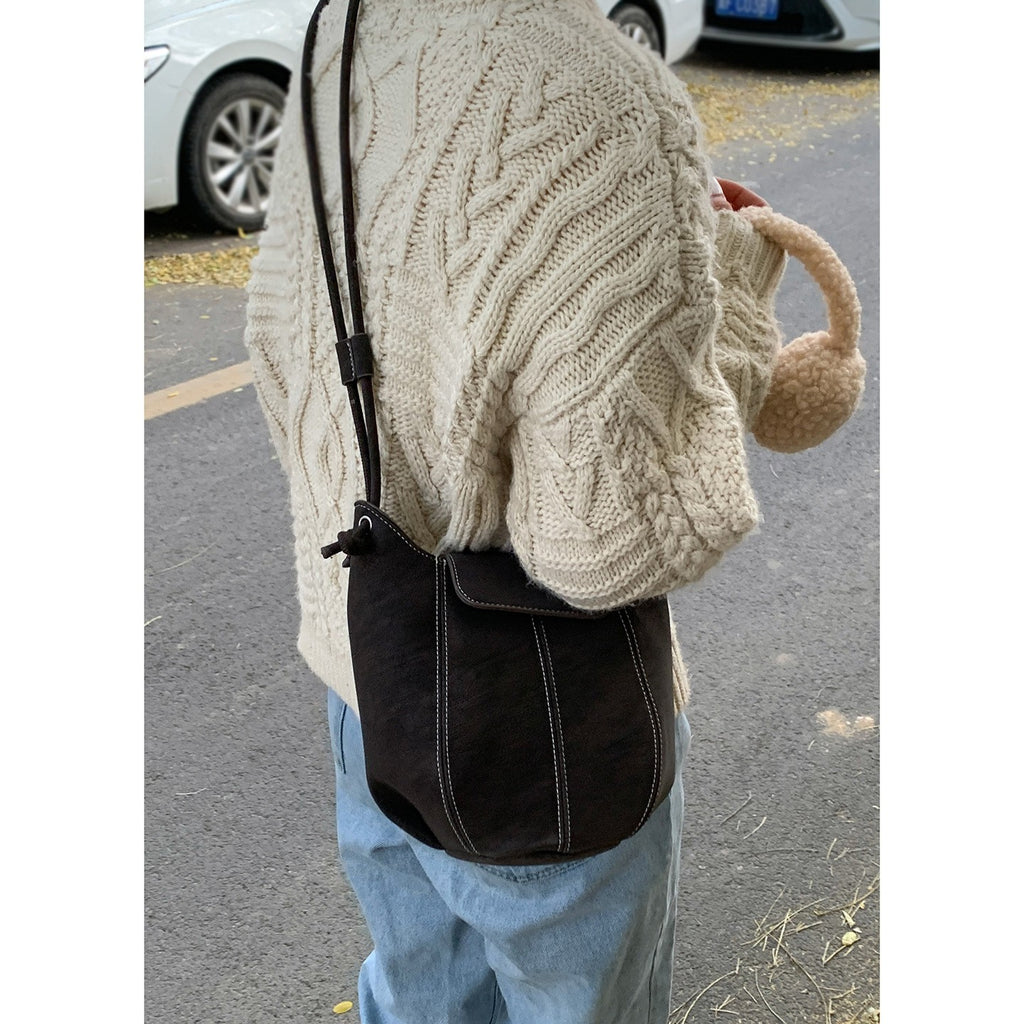 Topstitched Faux Suede Bucket Crossbody Bag