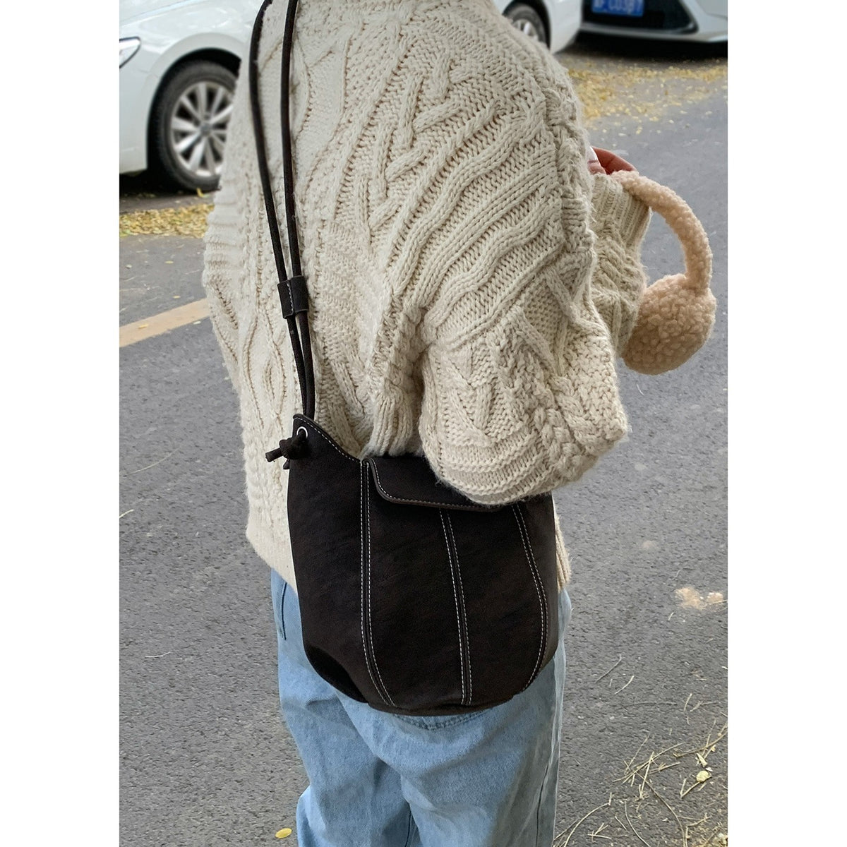 Topstitched Faux Suede Bucket Crossbody Bag
