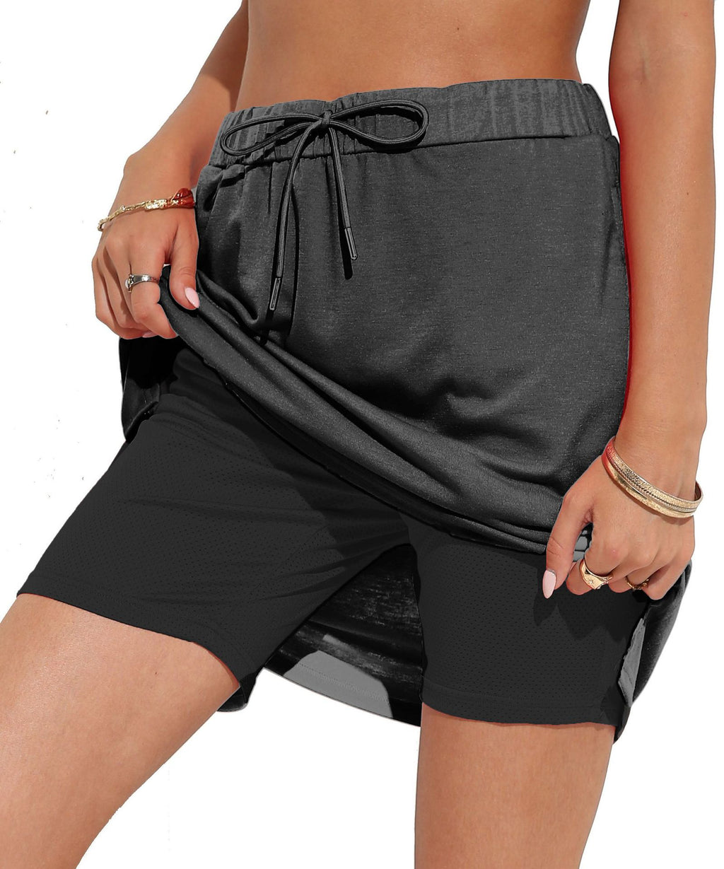 Draped Wrap Skort With Drawstring Waist - DarkGray