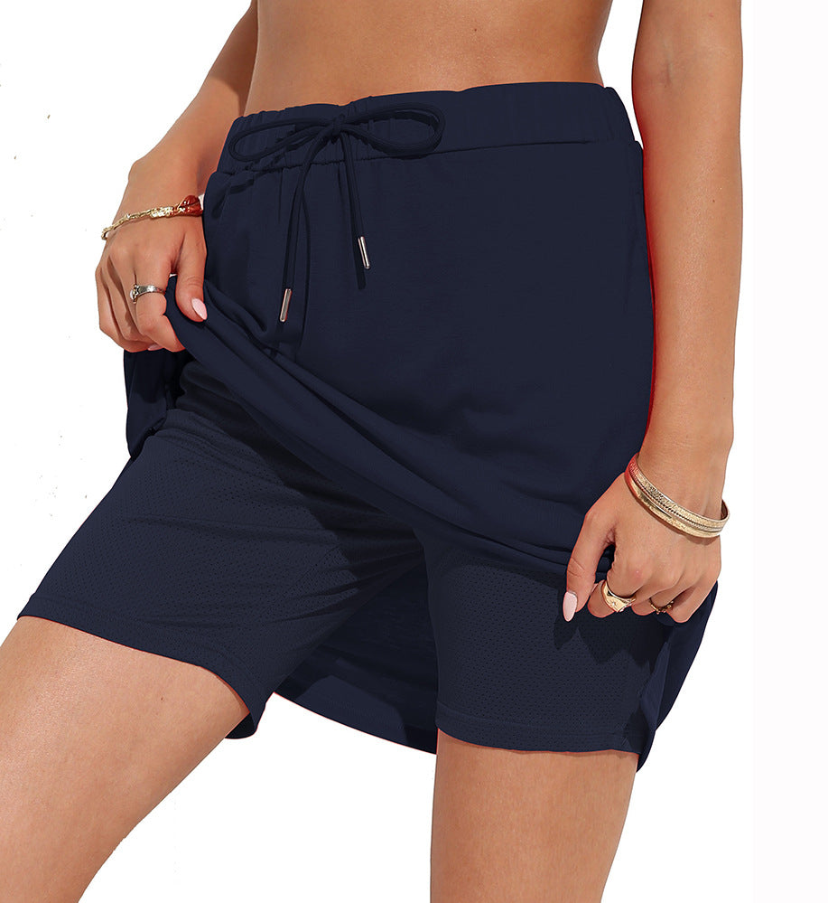 Draped Wrap Skort With Drawstring Waist - NavyBlue