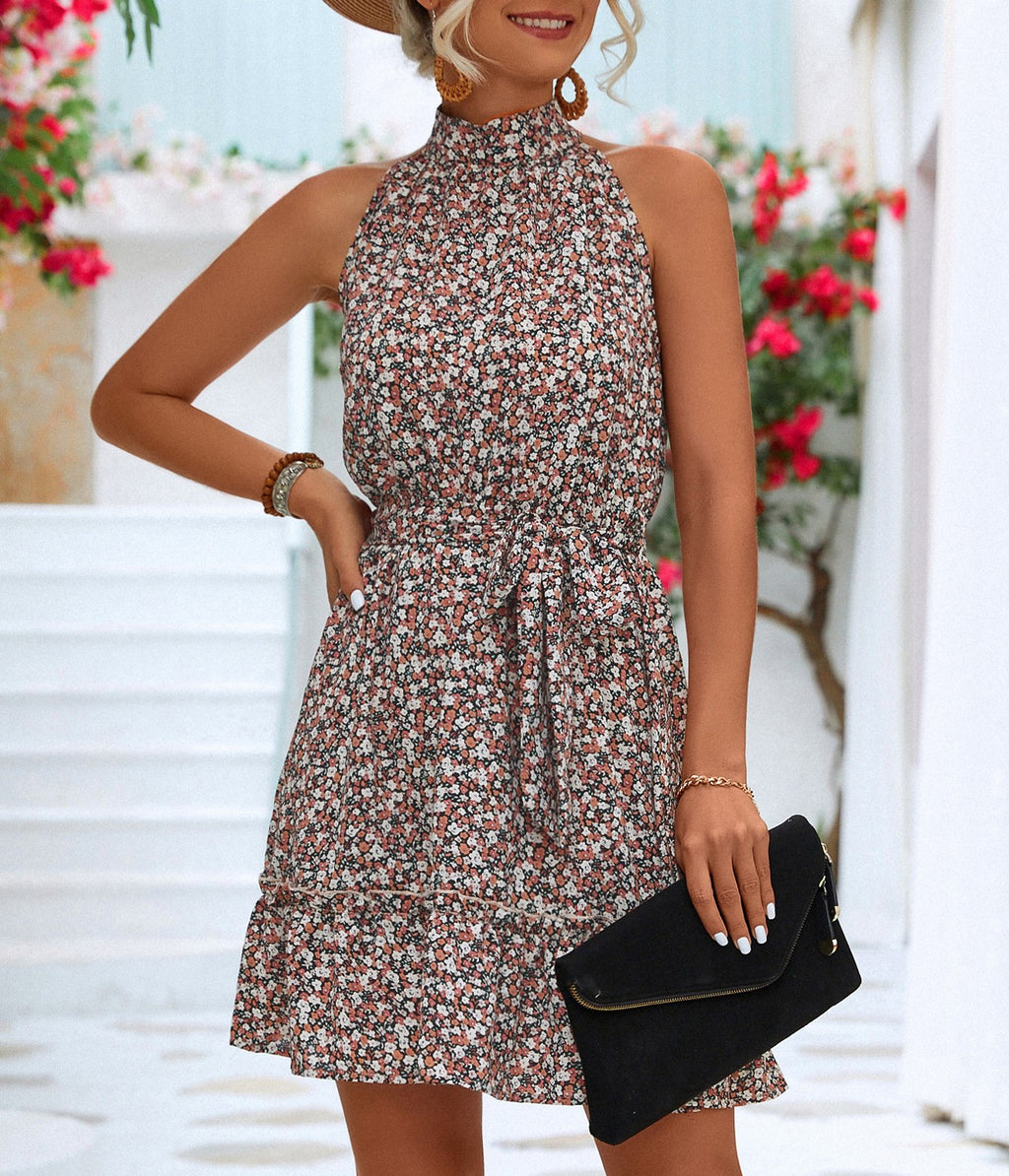 Ditsy Floral Halter Mini Dress With Ruffle Hem - Black - 1