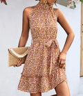 Ditsy Floral Halter Mini Dress With Ruffle Hem - Orange