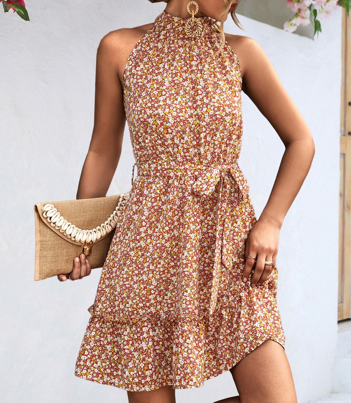 Ditsy Floral Halter Mini Dress With Ruffle Hem - Orange