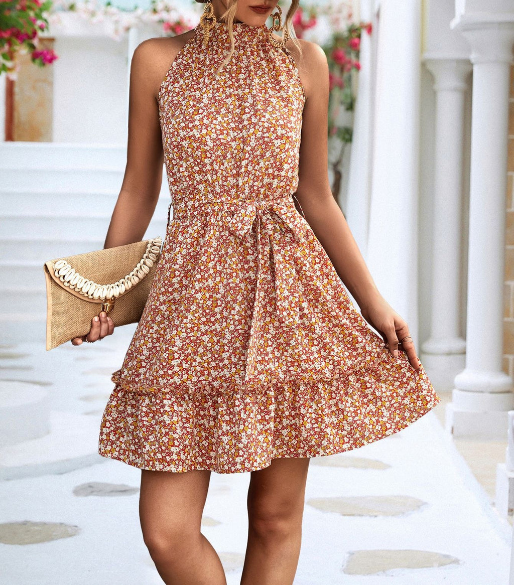 Ditsy Floral Halter Mini Dress With Ruffle Hem - Orange - 1