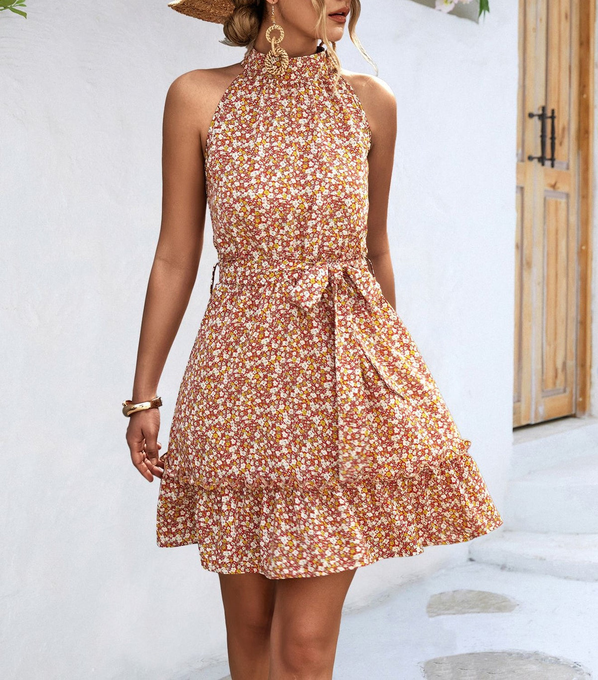Ditsy Floral Halter Mini Dress With Ruffle Hem - Orange - 5