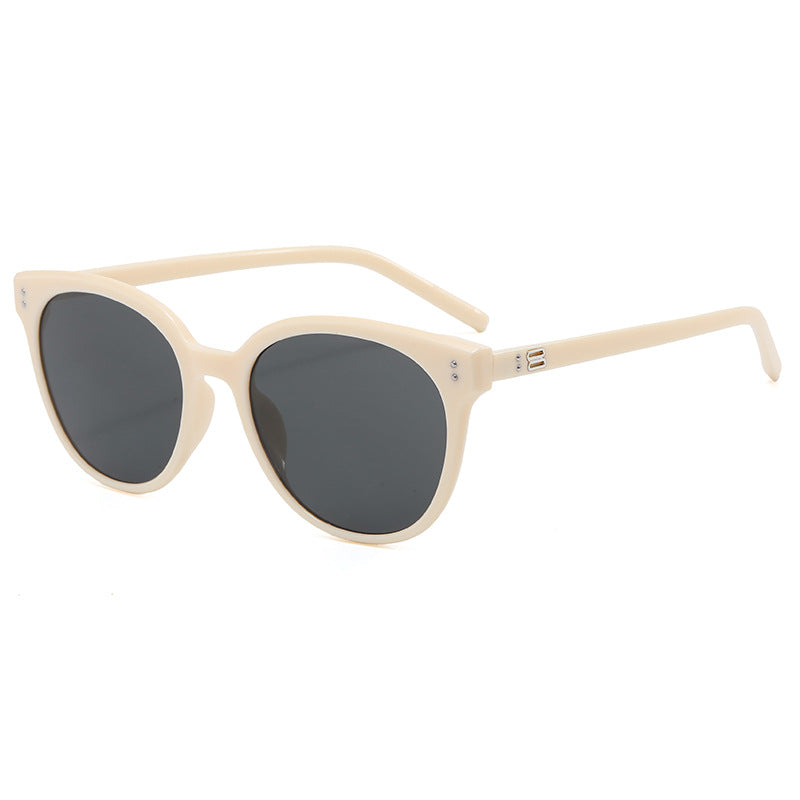 Slim Temple Round Frame Retro Sunglasses - Beige