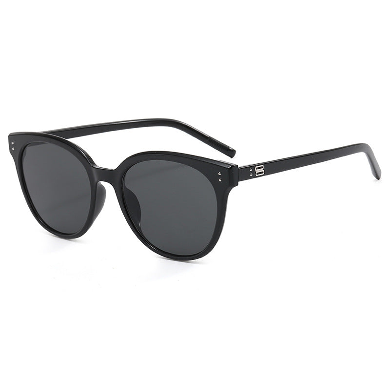 Slim Temple Round Frame Retro Sunglasses - Black