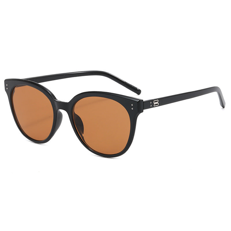 Slim Temple Round Frame Retro Sunglasses - Tea