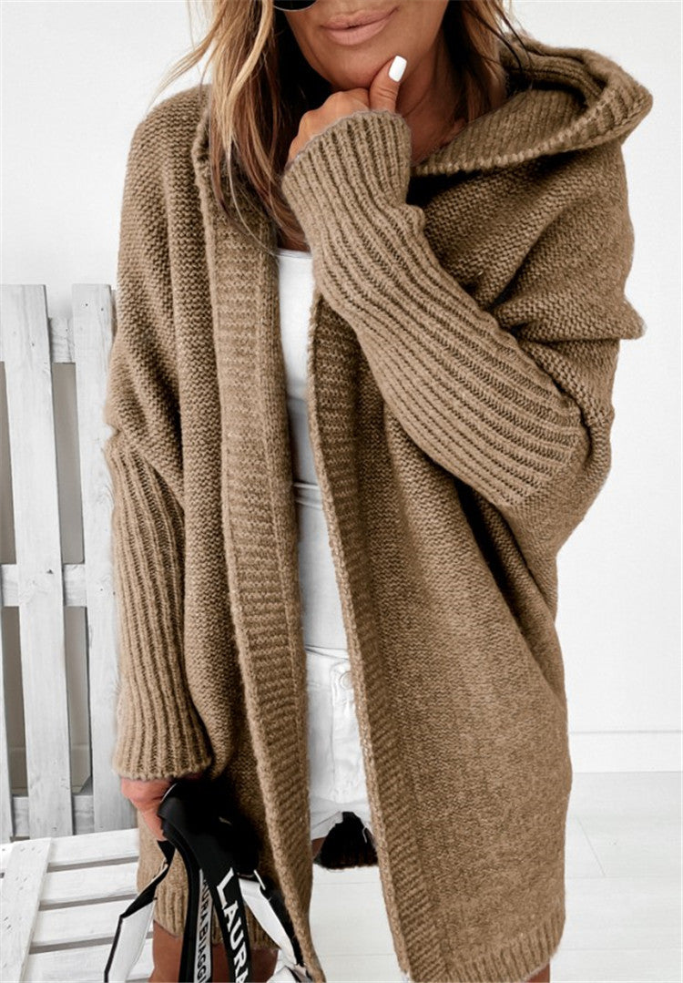 Exposed Seam Hooded Longline Knit Cardigan - Khaki - 2