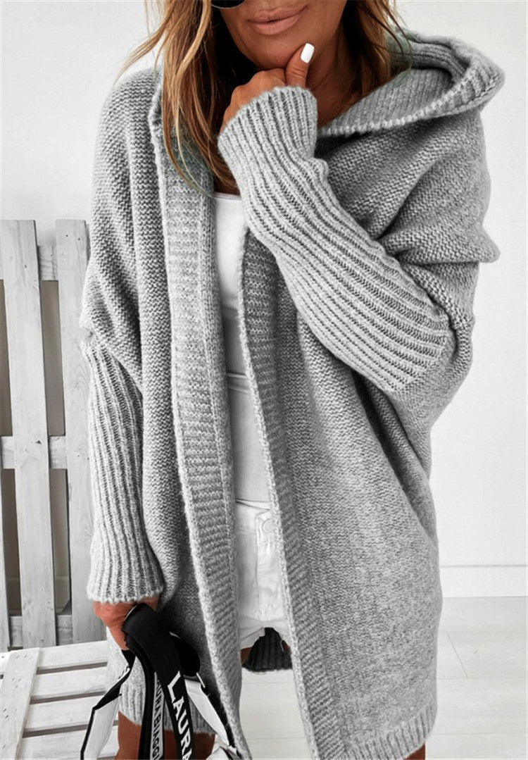 Exposed Seam Hooded Longline Knit Cardigan - Lightgray