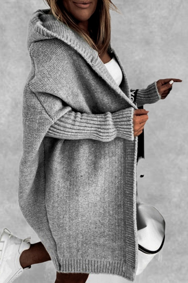 Exposed Seam Hooded Longline Knit Cardigan - Lightgray - 1