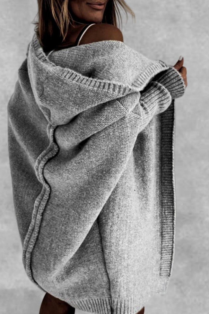 Exposed Seam Hooded Longline Knit Cardigan - Lightgray - 2