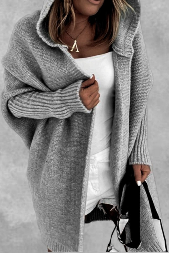 Exposed Seam Hooded Longline Knit Cardigan - Lightgray - 3