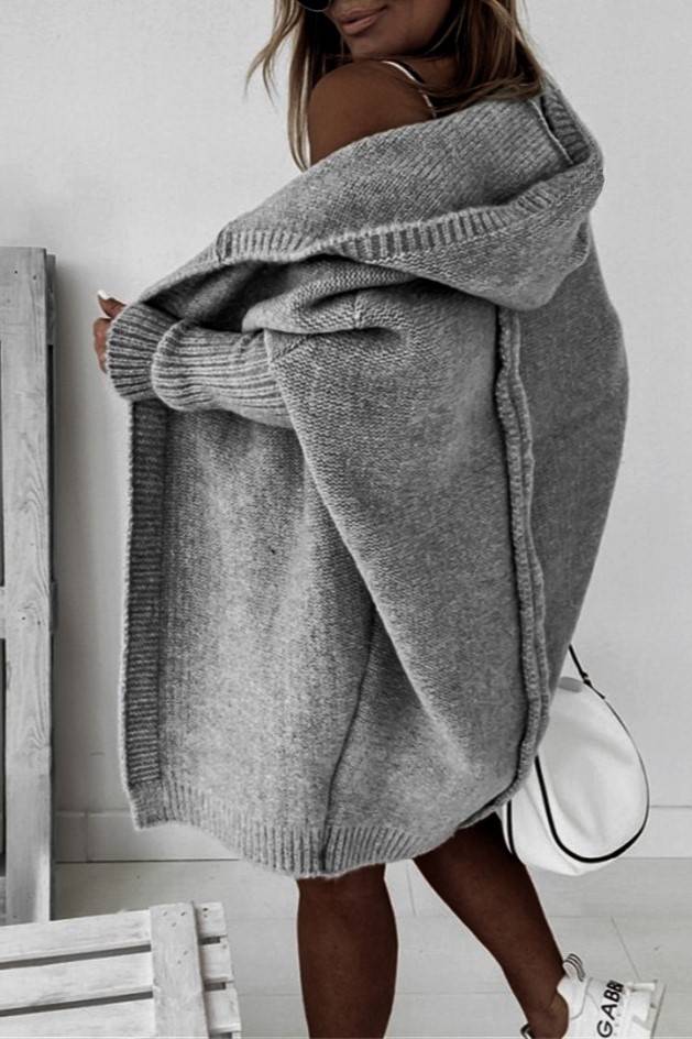 Exposed Seam Hooded Longline Knit Cardigan - Lightgray - 4