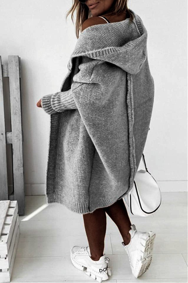 Exposed Seam Hooded Longline Knit Cardigan - Lightgray - 5