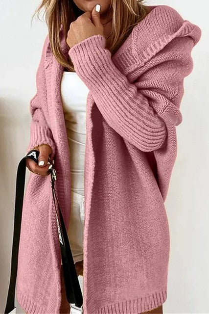 Exposed Seam Hooded Longline Knit Cardigan - Pink