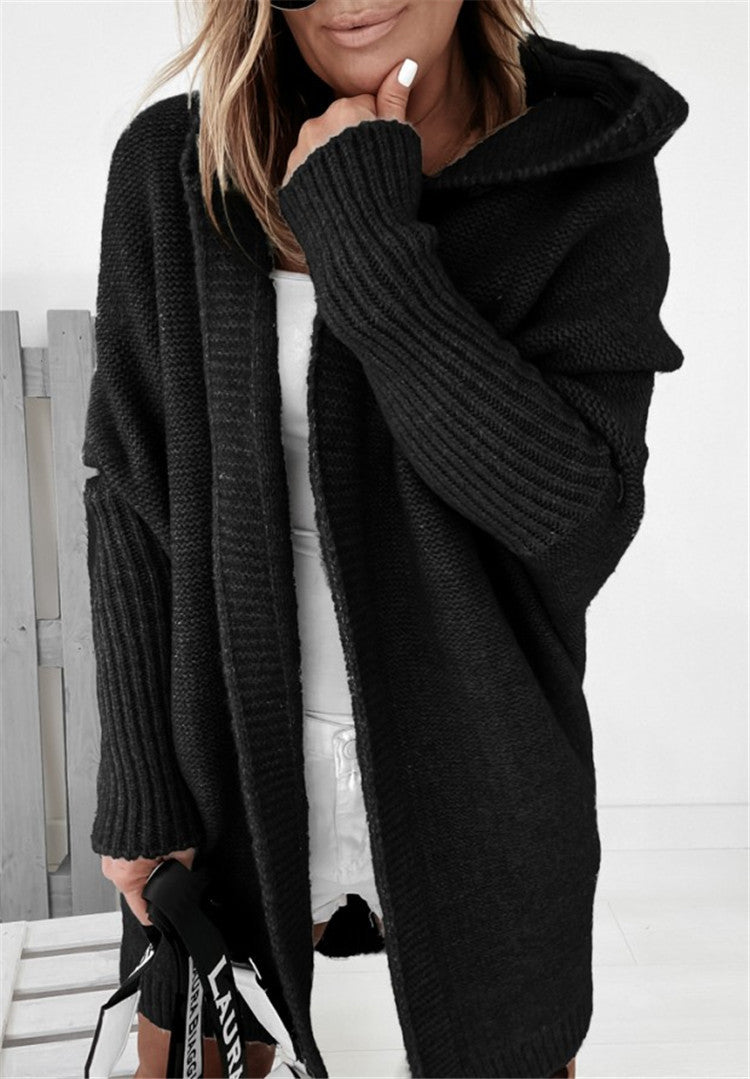 Exposed Seam Hooded Longline Knit Cardigan - black