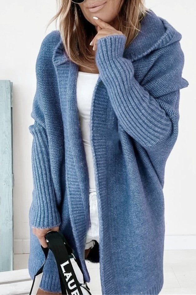 Exposed Seam Hooded Longline Knit Cardigan - blue