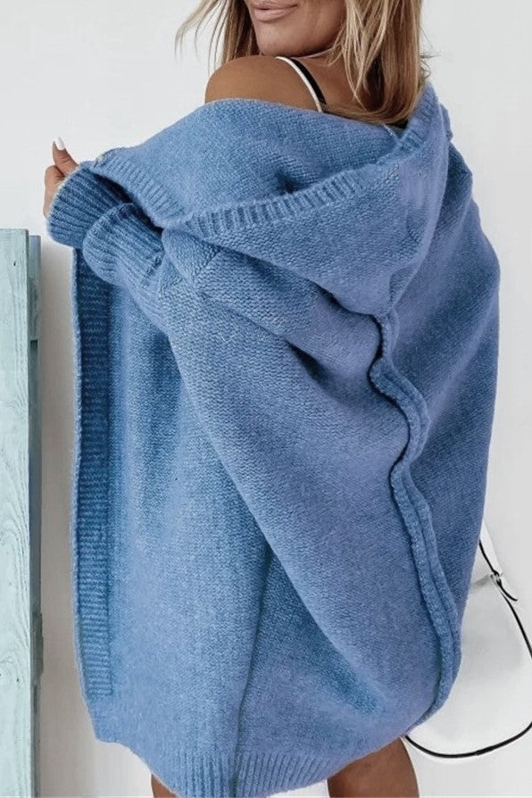 Exposed Seam Hooded Longline Knit Cardigan - blue - 1