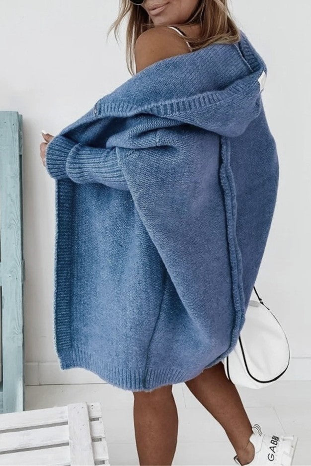 Exposed Seam Hooded Longline Knit Cardigan - blue - 2