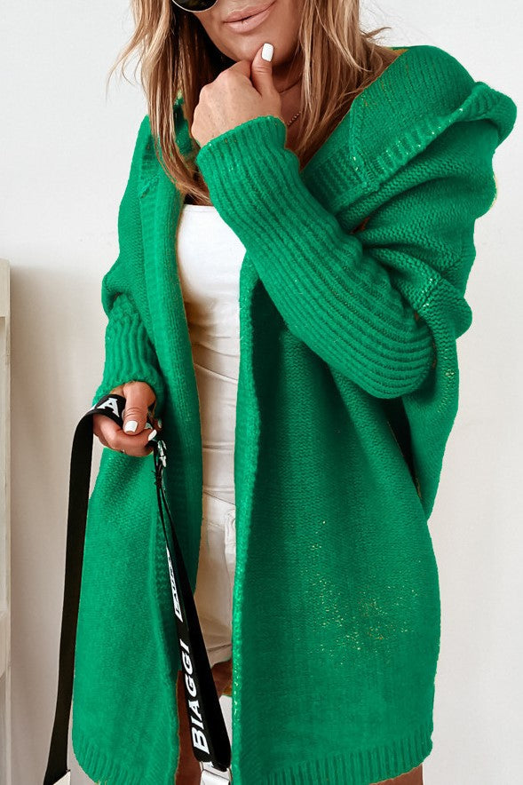 Exposed Seam Hooded Longline Knit Cardigan - green