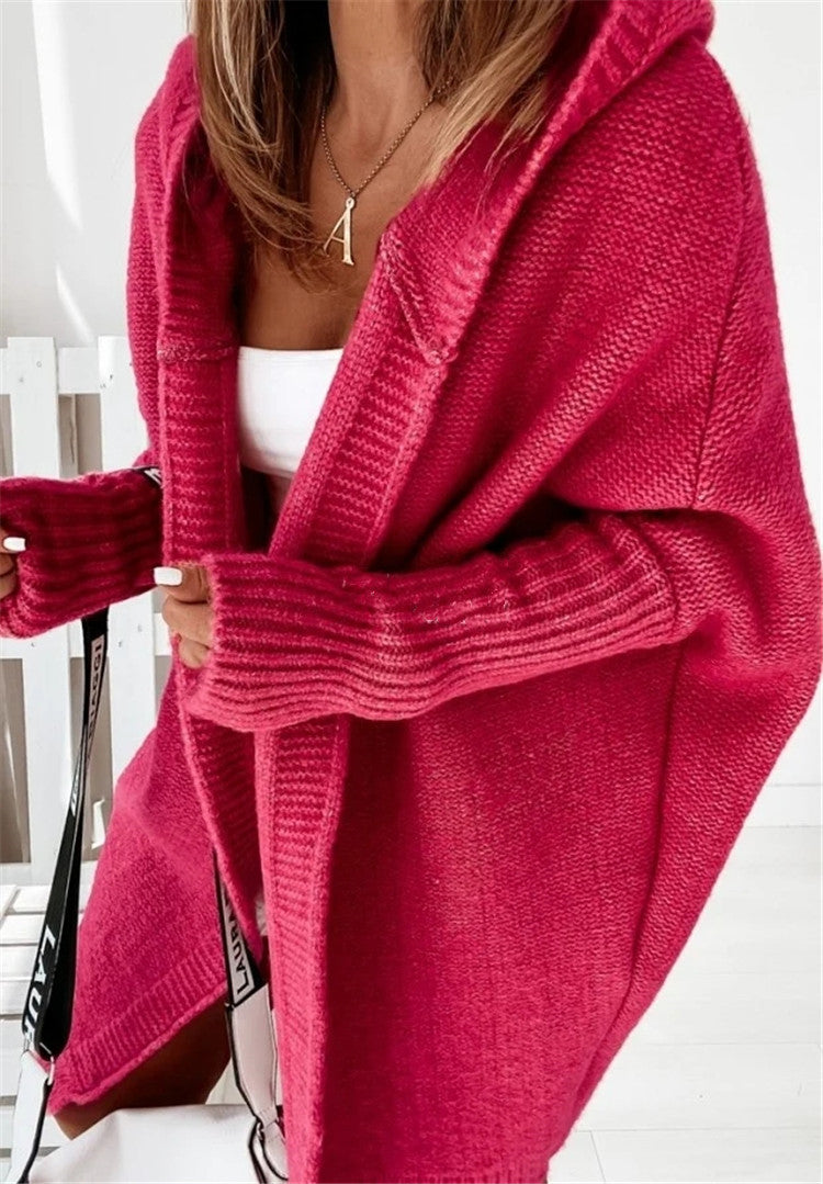 Exposed Seam Hooded Longline Knit Cardigan - red