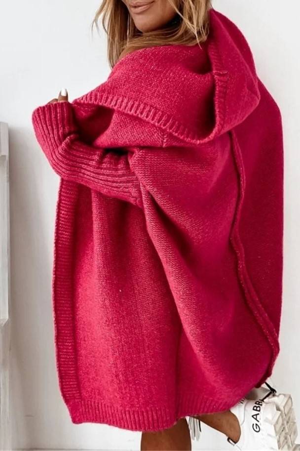 Exposed Seam Hooded Longline Knit Cardigan - red - 1