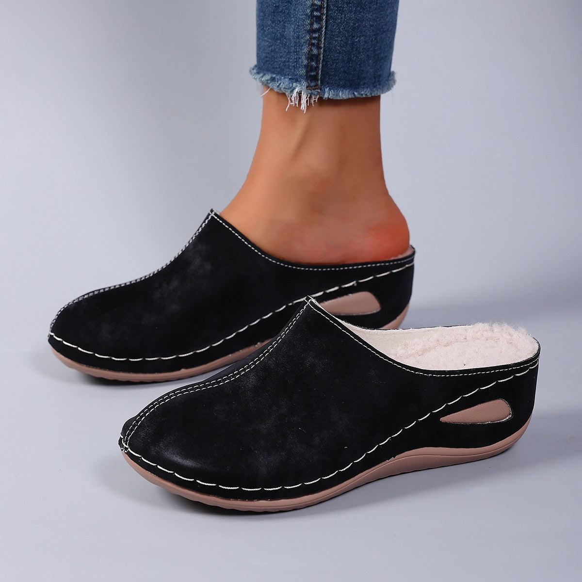 Fleece Lined Wedge Clog Mules - Black