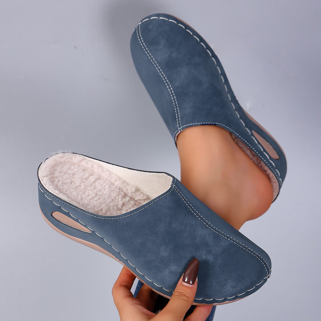 Fleece Lined Wedge Clog Mules - Blue