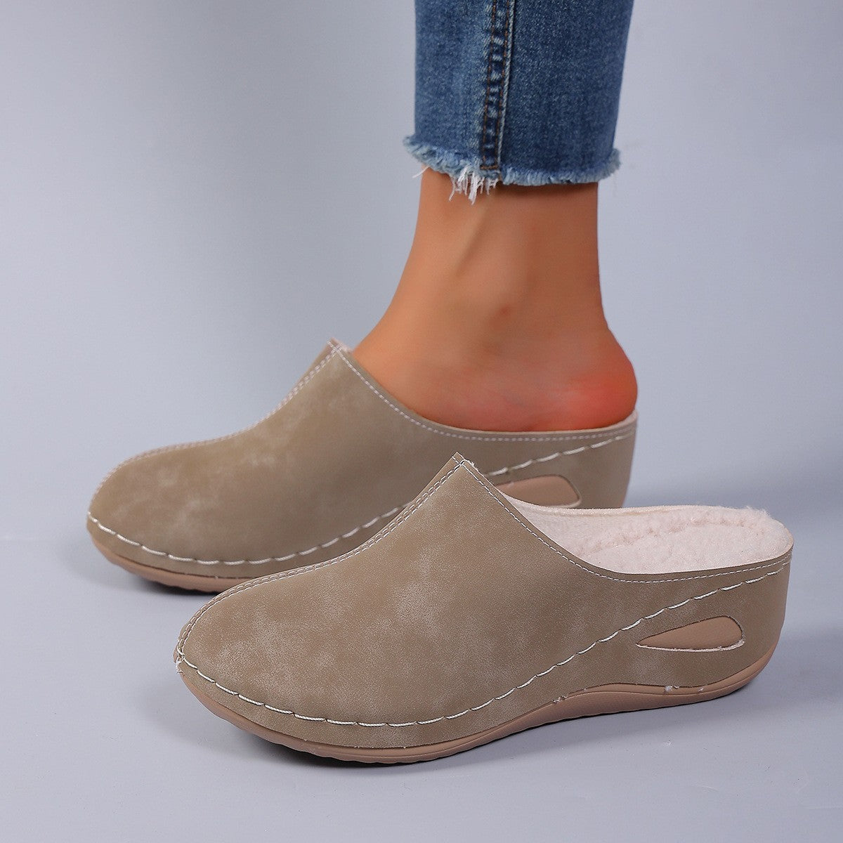 Fleece Lined Wedge Clog Mules - Khaki
