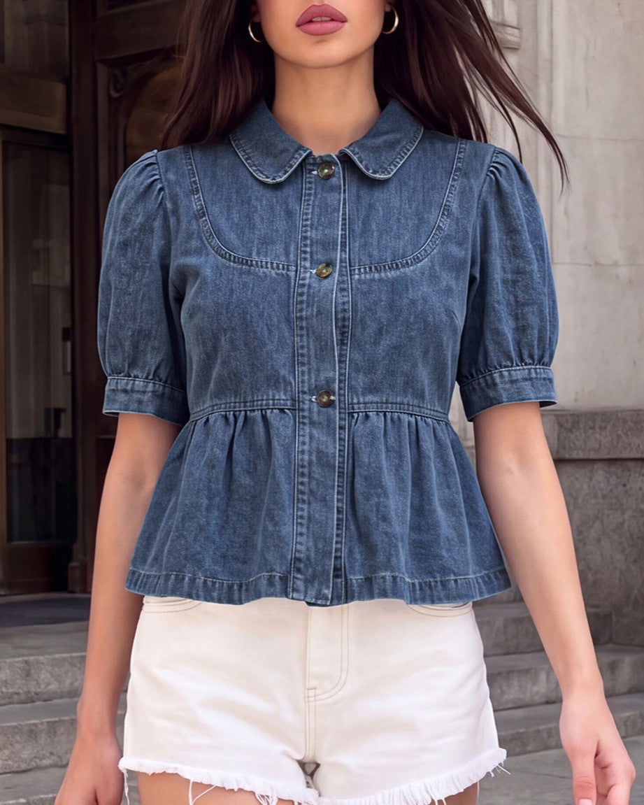 Denim Peplum Shirt With Rounded Collar - Blue