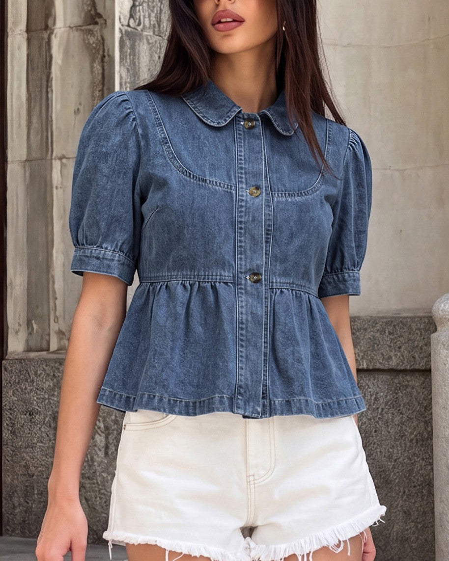 Denim Peplum Shirt With Rounded Collar - Blue - 1