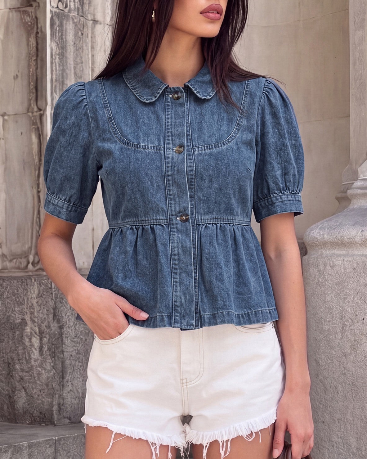 Denim Peplum Shirt With Rounded Collar - Blue - 2
