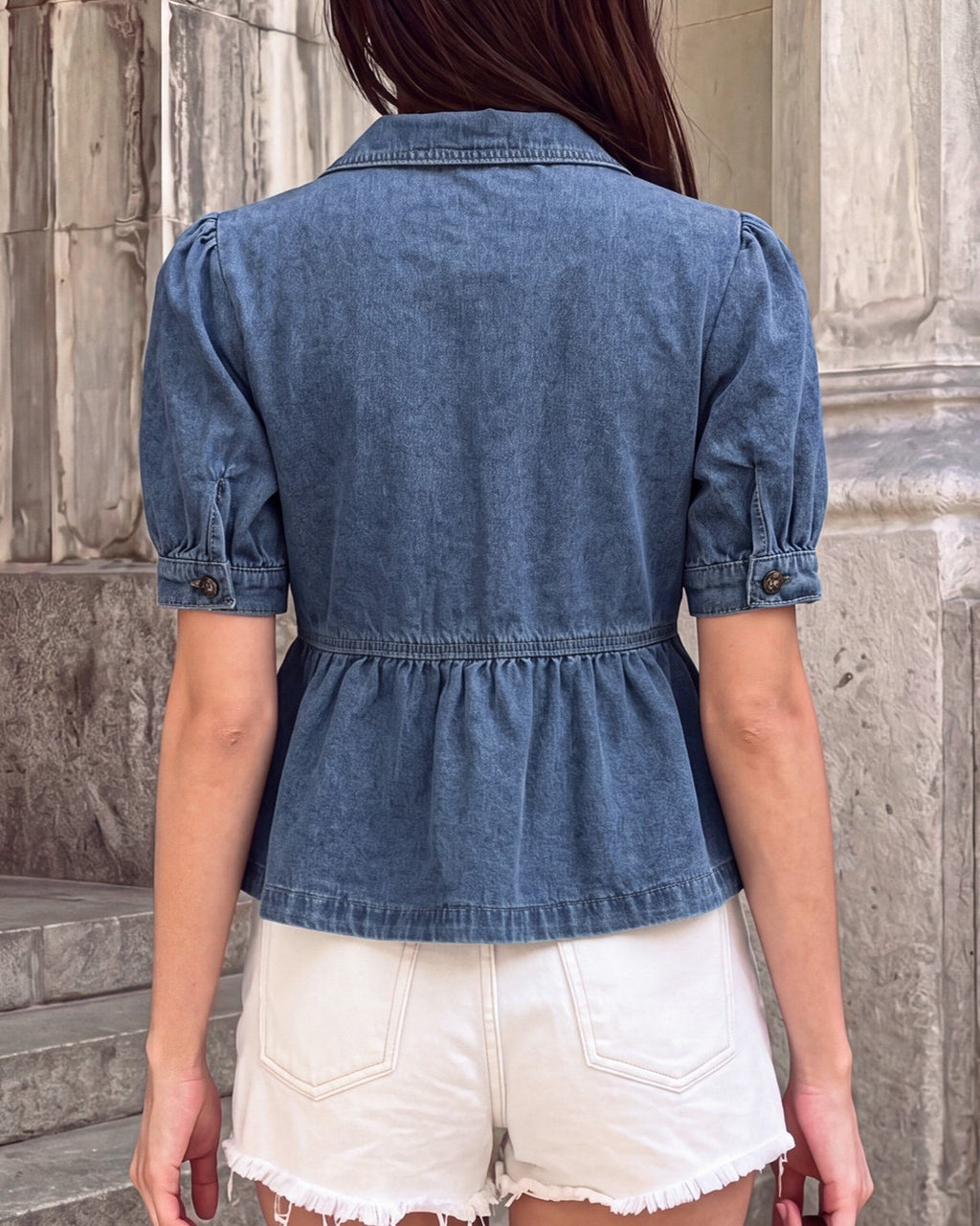 Denim Peplum Shirt With Rounded Collar - Blue - 3