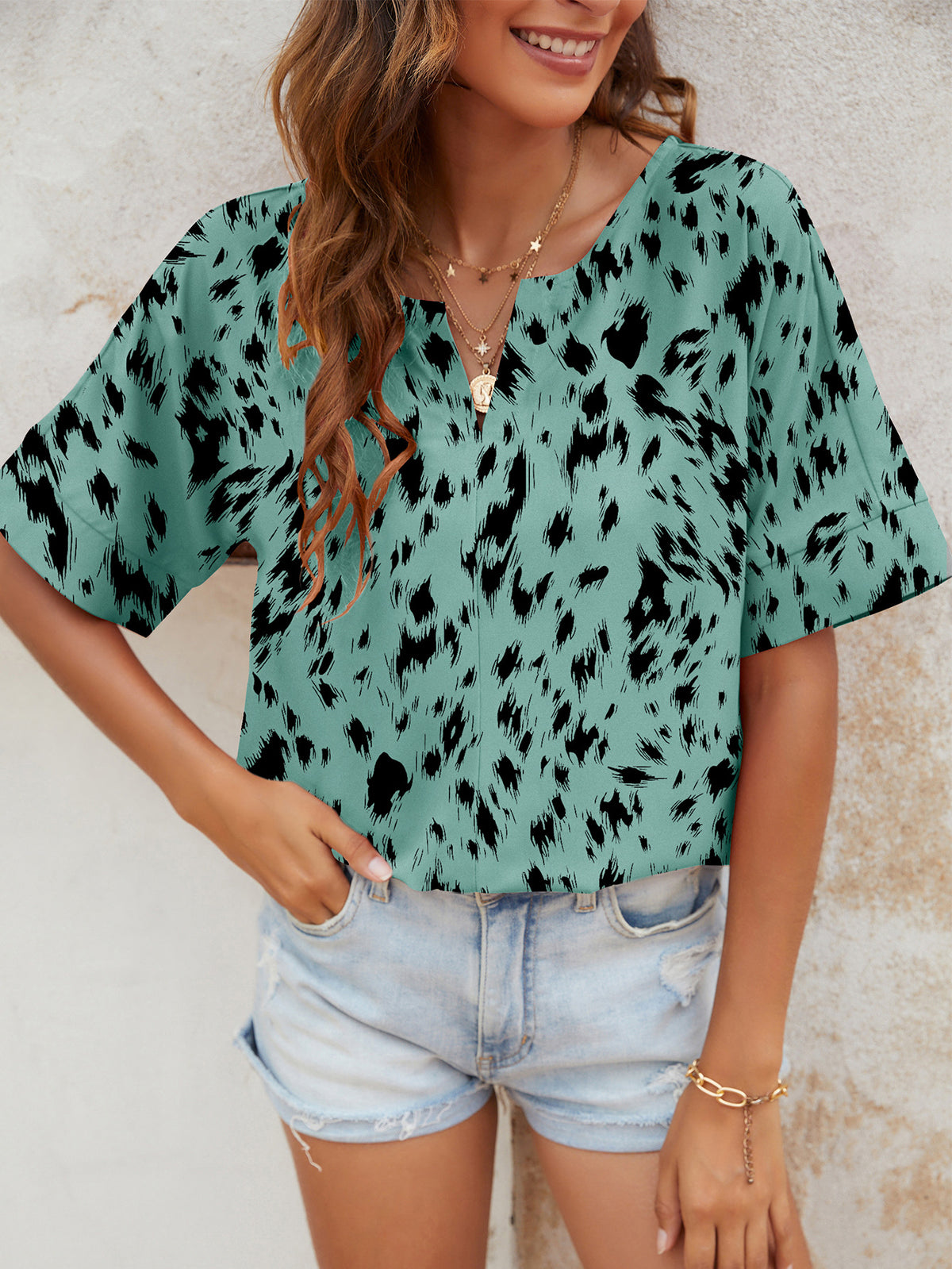 Abstract Spot Print Ruffle Sleeve Blouse - Green