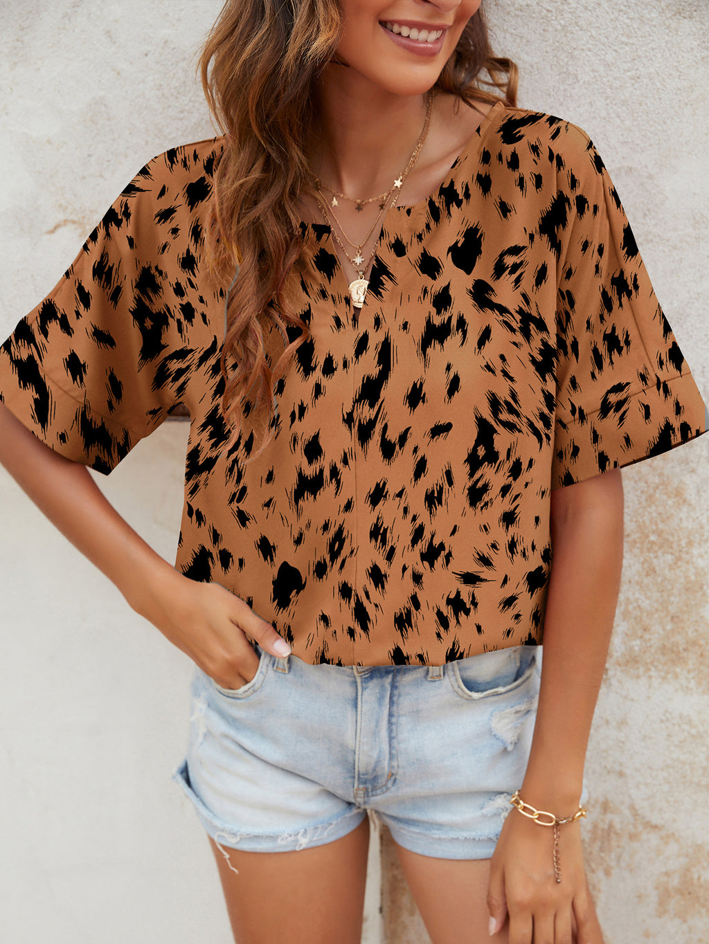 Abstract Spot Print Ruffle Sleeve Blouse