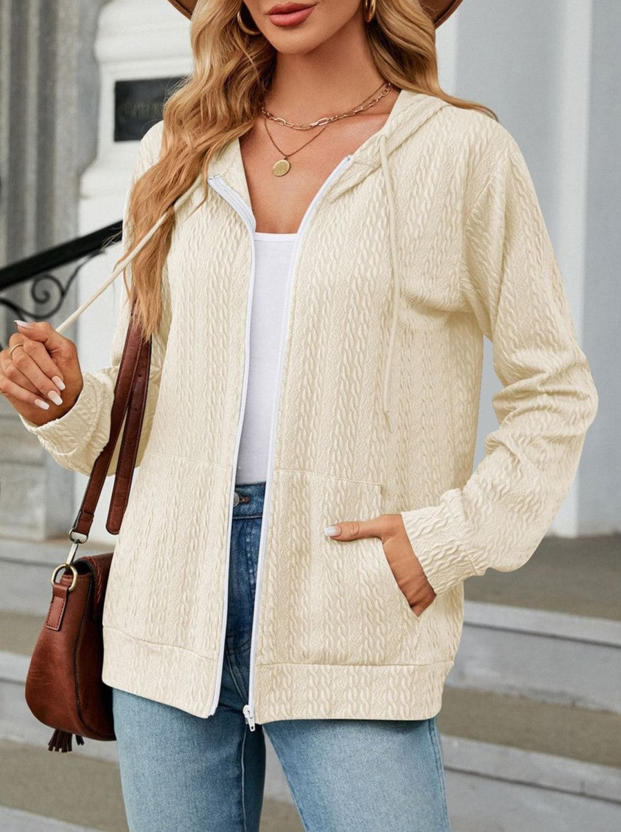 Textured Knit Zip Up Hooded Cardigan - Apricot - 2