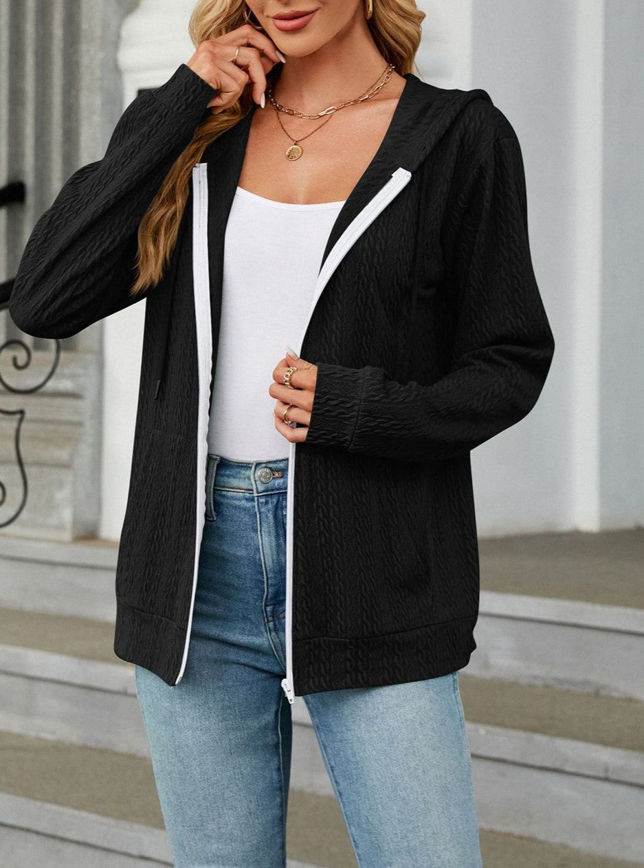Textured Knit Zip Up Hooded Cardigan - Black