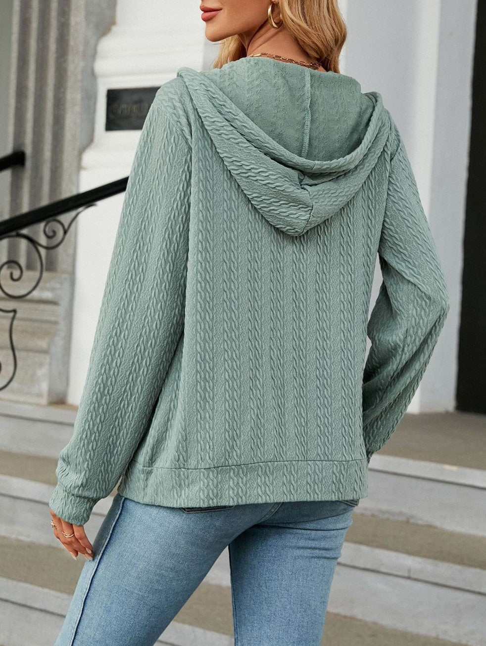 Textured Knit Zip Up Hooded Cardigan - Green - 2