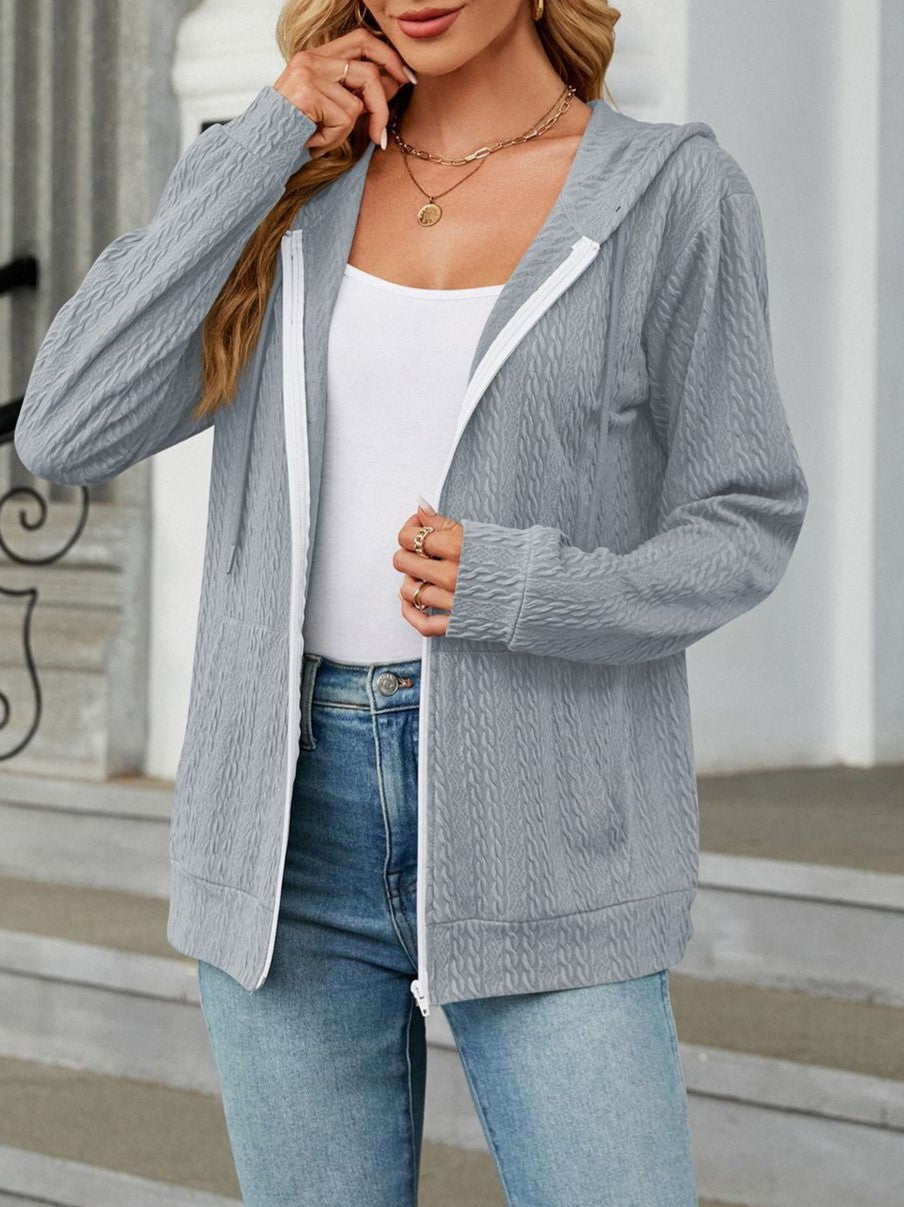 Textured Knit Zip Up Hooded Cardigan - Grey