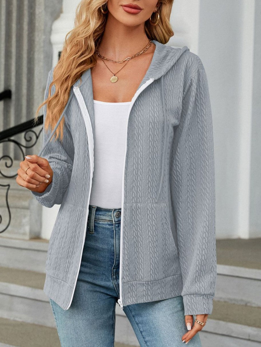 Textured Knit Zip Up Hooded Cardigan - Grey - 2