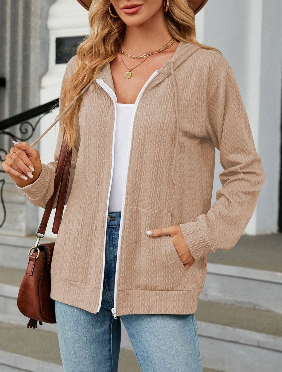 Textured Knit Zip Up Hooded Cardigan - Khaki - 1