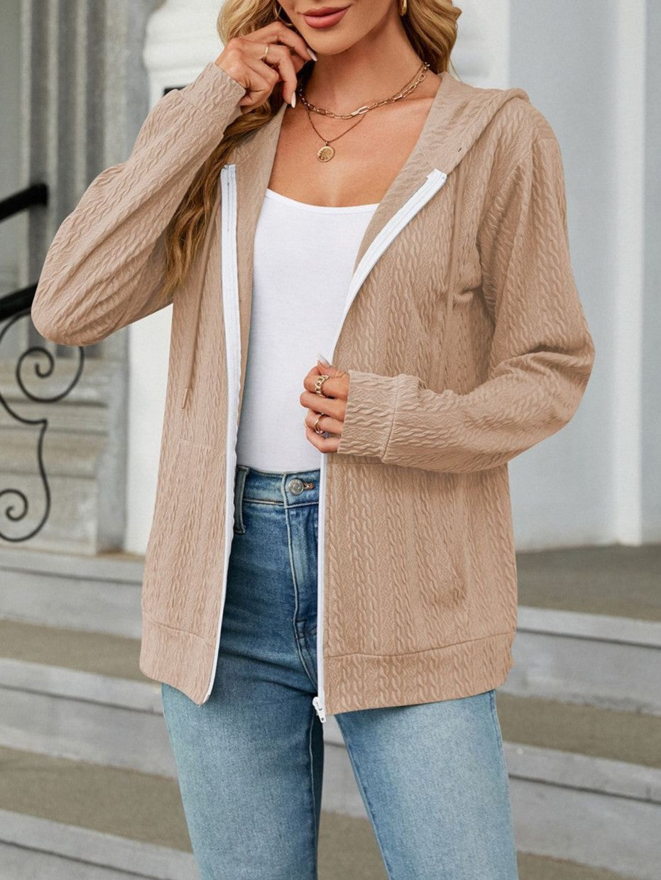 Textured Knit Zip Up Hooded Cardigan - Khaki - 2