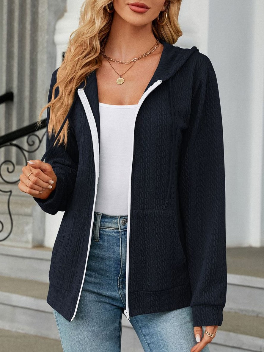 Textured Knit Zip Up Hooded Cardigan - Navyblue