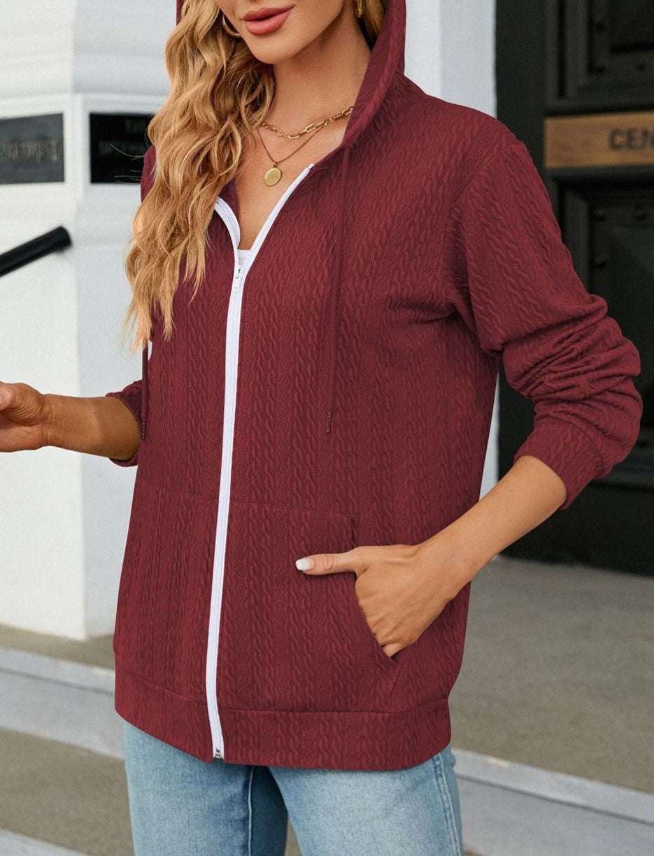 Textured Knit Zip Up Hooded Cardigan - Winered