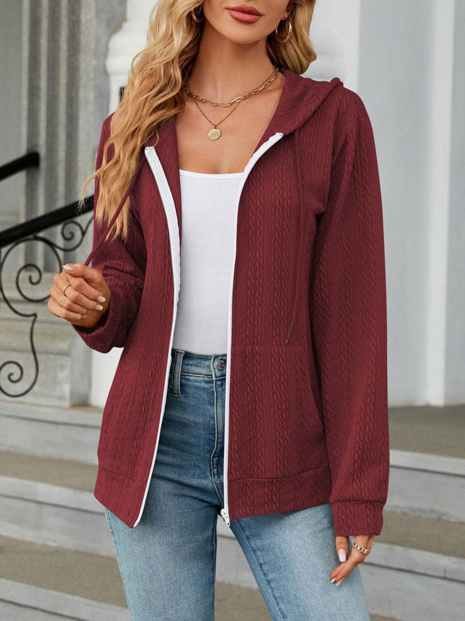 Textured Knit Zip Up Hooded Cardigan - Winered - 2